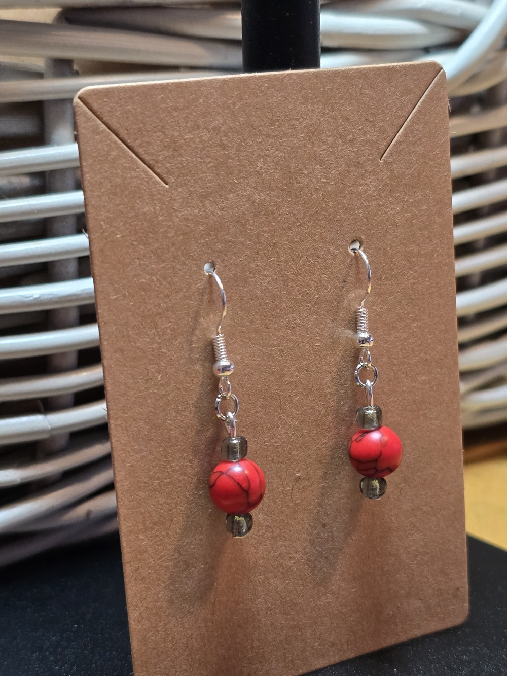 Red Marbled Stone & Bead Dangle Earrings Handmade NWT - Picture 2 of 4
